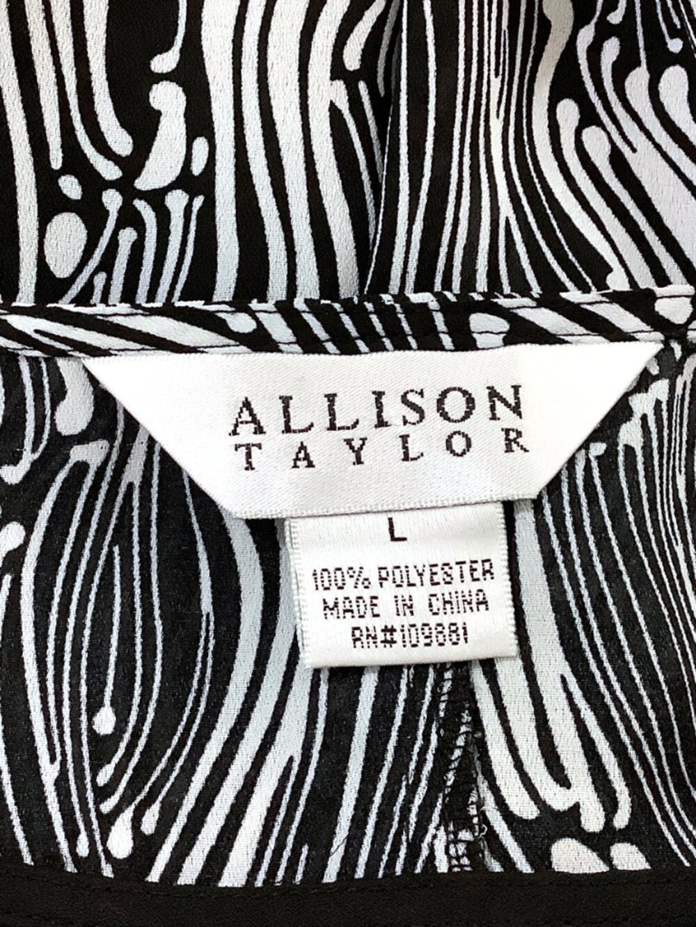 Allison Taylor L Top Blouse Tank Drop Waist Shirred Black White Abstract Ruffle - Picture 8 of 12